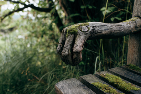 An intricately designed wooden bench sits quietly in a lush garden, adorned with moss and surrounded by tall grasses. This peaceful outdoor setting invites relaxation and reflectionの素材