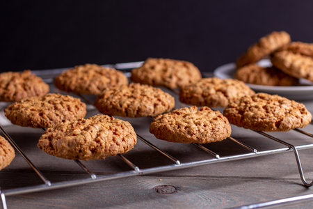 Close-up of a freshly baked stack of warm oatmeal cookies on a cooling rack and saucer on a dark background. the view from the sideの写真素材