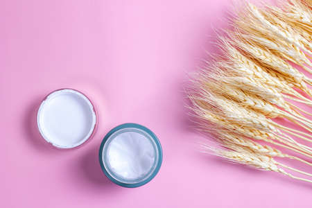 Natural cosmetics made from wheat and barley. Cosmetic jar with cream and wheat ears on a pink background.の写真素材