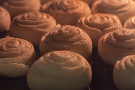baking sweet dough buns in the oven close-up. the selected focus.の写真素材