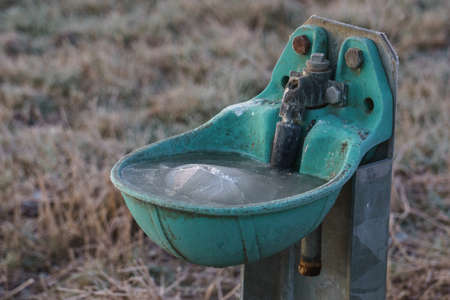 detail of drinking through with thick ice in it on pasture