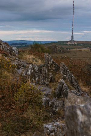 Rocky landscape at Roc'h Trevezel summit on a cloudy autumn evening, Parc naturel regional d'Armorique, Brittany, Franceの写真素材