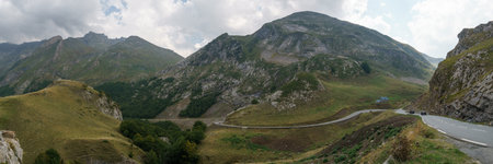 Panorama of landscape at the pass road Col du Pourtalet in the Pyrenees Mountains with Defile de Tourmont, Col du Pourtalet, Nouvelle-Aquitaine Franceの写真素材
