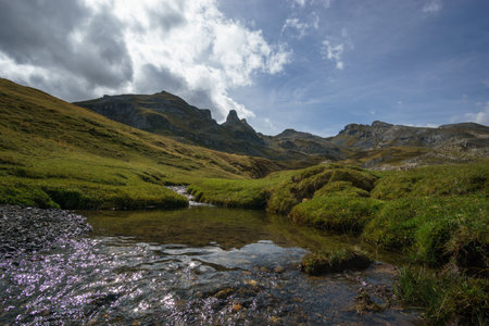beautiful small creek in Pyrenees Mountains on a sunny autumn day, Col du Pourtalet, Nouvelle-Aquitaine Franceの写真素材