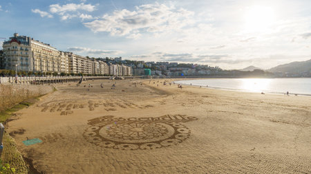 View of the La Concha Beach from the promenade in San Sebastian, Basque Country, Spainの写真素材
