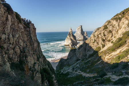 Rock formation at Praia da Ursa atlantic ocean coast on westernmost point, Cape Roca, Cabo da Roca, Portugal.の写真素材