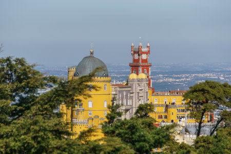Palace of Pena on top of a hill between forest in Sintra. Lisbon, Portugalの写真素材