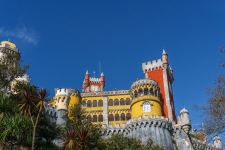 Facade of national Palace of Pena with red tower, Sintra, Lisbon, Portugalの写真素材