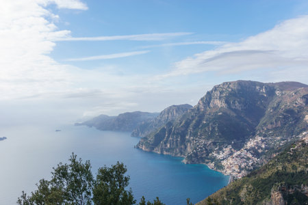 View of the rocky landscape at hiking trail Sentiero degli Dei or Path of the Gods along the Amalfi Coast, Province of Salerno, Campania, Italyの写真素材
