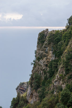View of the rocky landscape at hiking trail Sentiero degli Dei or Path of the Gods along the Amalfi Coast, Province of Salerno, Campania, Italyの写真素材