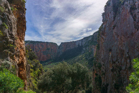 View at rocky landscape with green vegetation in Nature Park of Monte Cofano at mediterranean sea, San Vito Lo Capo, Sicily, Italyの写真素材