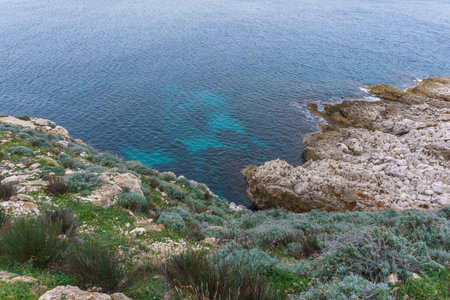 Rocky coastline with turquoise colored water at Nature Park of Monte Cofano at mediterranean sea, San Vito Lo Capo, Sicily, Italyの写真素材