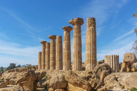 Columns of the Temple of Hercules or Tempio di Ercole in the Valley of the Temples, Agrigento, Sicily, Italyの写真素材