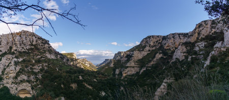 Panoramic view of beautiful canyon at Oriented Nature Reserve Cavagrande del Cassibile, Syracuse, Sicily, Italyの写真素材