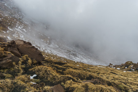 Volcanic landscape of Mount Etna with black lava and yellow grass on a foggy winter day, Catania, Sicily, Italyの写真素材