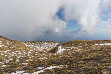 Volcanic landscape of Mount Etna with black lava and yellow grass on a cloudy winter day, Sicily, Italyの写真素材