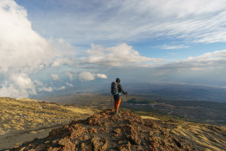 Hiking person looking at view of volcanic landscape of Mount Etna with black lava and yellow grass on partly cloudy winter day, Catania, Sicily, Italyの写真素材