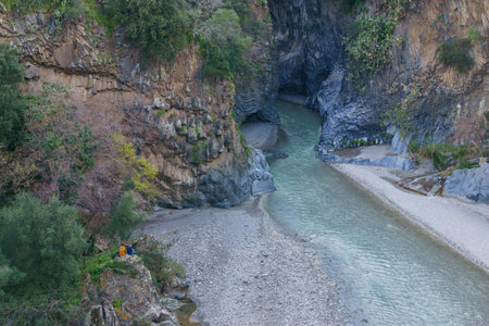 Gole dell Alcantara gorge formed by basalt columns with river near to Etna volcano, Motta Camastra, Sicily, Italyの写真素材