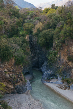 Gole dell Alcantara gorge formed by basalt columns with river near to Etna volcano, Motta Camastra, Sicily, Italyの写真素材