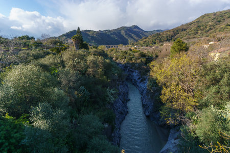 Gole dell Alcantara gorge formed by basalt columns with river near to Etna volcano, Motta Camastra, Sicily, Italyの写真素材