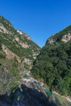 Beautiful valley with river of Neda with waterfalls in the rural countryside, Phigalia, Peloponnese, Greeceの写真素材