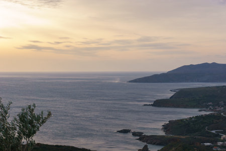 Scenic view at the picturesque Mediterranean coast of the Mani peninsula during sunset, Peloponnese,...