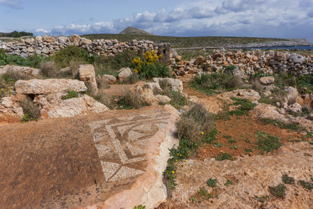 Old mosaic in ruin of ancient Roman baths at Cape Matapan or Tainaron, Mani, Peloponnese, Greeceの写真素材