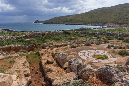 Old mosaic in ruin of ancient Roman baths at Cape Matapan or Tainaron, Mani, Peloponnese, Greeceの写真素材