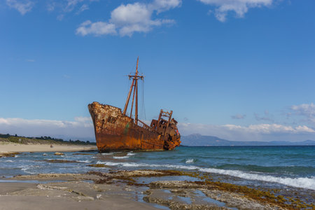 Abandoned stranded Dimitrios shipwreck at the beach of Valtaki, Peloponnese, Greeceの写真素材