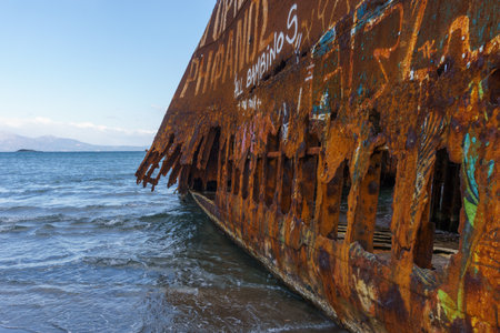 Detail view of abandoned stranded Dimitrios shipwreck at the beach of Valtaki, Peloponnese, Greeceの写真素材
