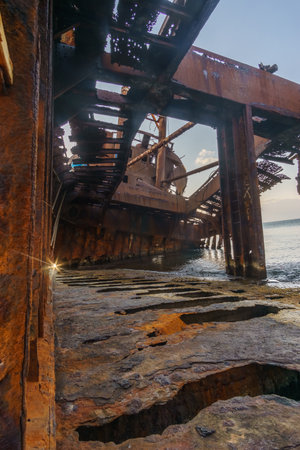 View inside of abandoned stranded Dimitrios shipwreck at the beach of Valtaki, Peloponnese, Greeceの写真素材