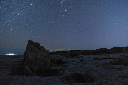 Petrified tree trunks at Geopark of Agios Nikolaos Petrified Forest under stars of the night sky,...