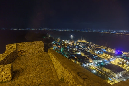 View over Nafplio old city and bay from the monumental staircase of Palamidi fortress, Argolis, Peloponnese, Greece.の写真素材