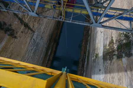 Bungee jumping from bridge at great height in the Corinth Canal Corinth, Corinthia, Peloponnese,...