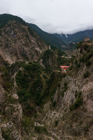 Beautiful view at greek landscape in the mountains of Evrytania with Proussos Monastery, Greece, Central Greeceの写真素材