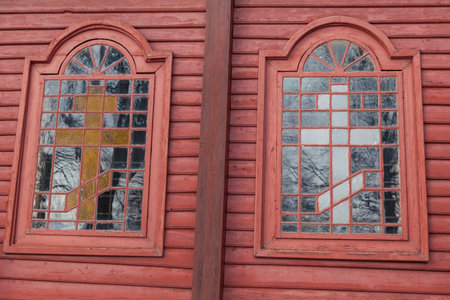 The former Lemko Greek-Catholic wooden church of St. Cosmas and Damian in Tylicz from 1743, windows. The Malopolska wooden architecture trail.の写真素材