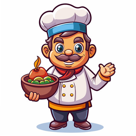 Cartoon chef holding bowl of food, smiling and wavingのイラスト素材