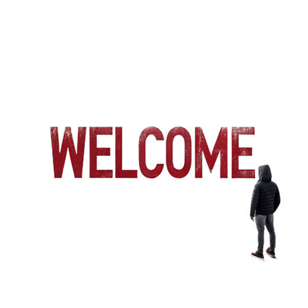 Welcome Person stares at &#39;WELCOME&#39; in red text, isolated on whiteの素材