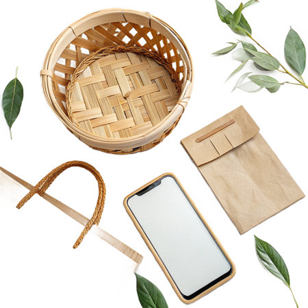 Still life with basket, phone, brown paper bag, ribbon, and leaves on a white backgroundの素材