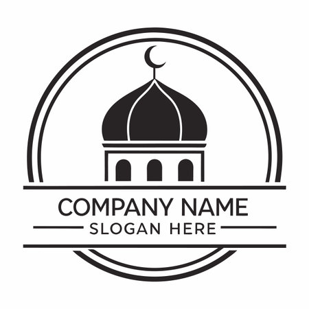 Round emblem with a mosque dome and crescent moon. Black and white minimal iconのイラスト素材
