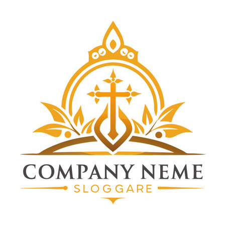 Crowned cross emblem with leaves on a golden arch. Elegant designのイラスト素材