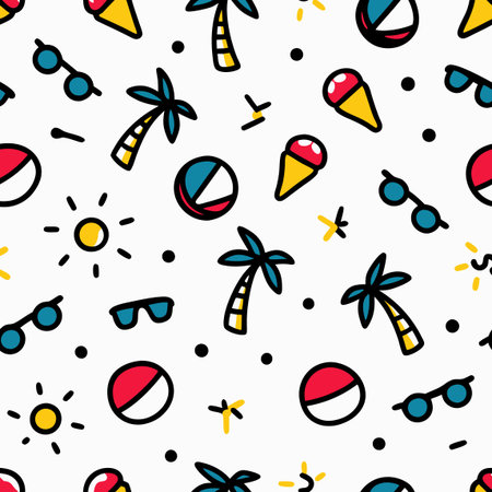 Summer pattern sun, palm trees, ice cream, ball, and sunglasses on whiteのイラスト素材