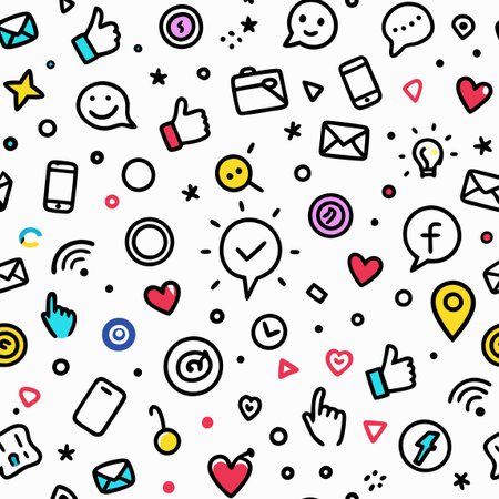 Doodle pattern of social media icons on white background. Hearts, thumbs up, phones, and speech bubblesのイラスト素材