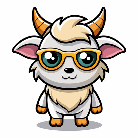 Cartoon goat wearing glasses with fluffy white fur and orange horns, on a white backgroundのイラスト素材