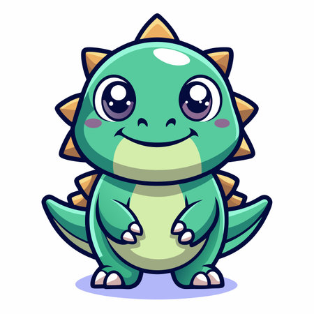 Cute, small, cartoon-style dinosaur with green scales and spikes smiling with big eyesのイラスト素材