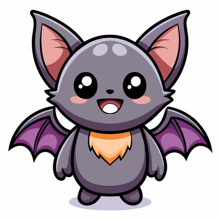Cute cartoon bat with large eyes smiles. Tiny fangs, purple wings. Friendly cartoon animalのイラスト素材