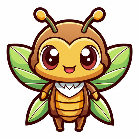 Cute cartoon bug with big eyes and leaf wingsのイラスト素材