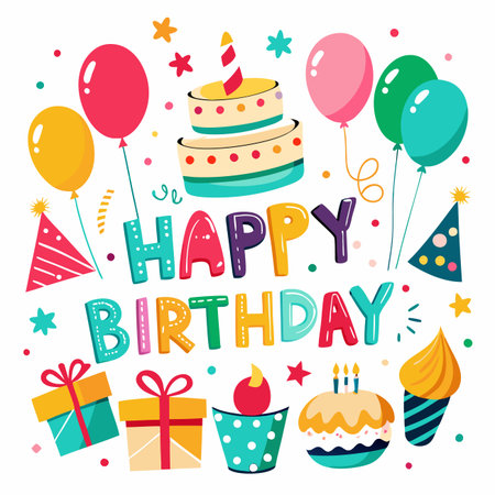 Colorful birthday vector illustration with cake, balloons, gifts, and celebratory messageのイラスト素材