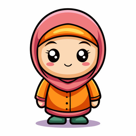 Cartoon girl wearing a pink hijab and orange coat, standing with a simple smileのイラスト素材