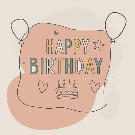 Birthday greeting with cake, balloons, heart, and star doodle artのイラスト素材